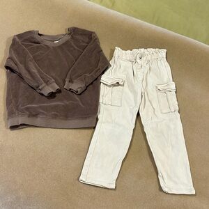 TODDLER GIRLS ZARA 2 PC OUTFIT CARGO PANTS & TERRY CLOTH CREW NECK TOP SIZE 3-4Y